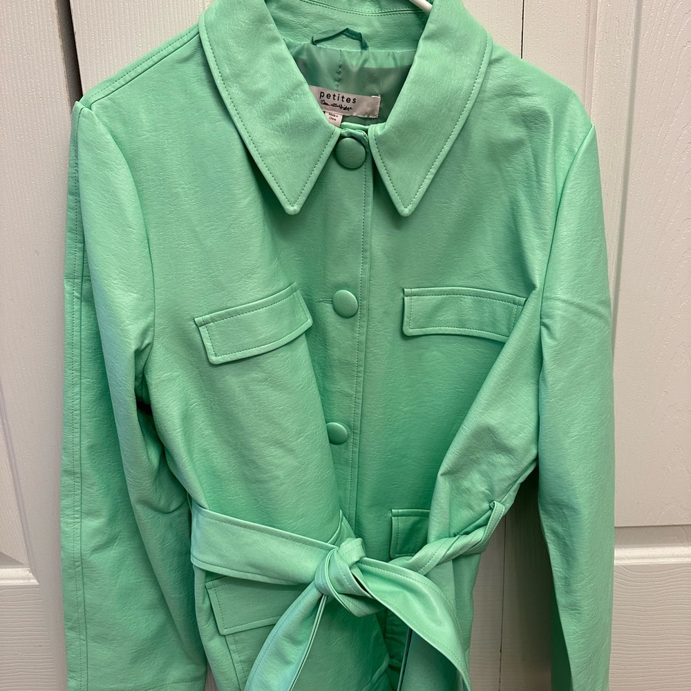 Mint faux leather shacket / trench coat.